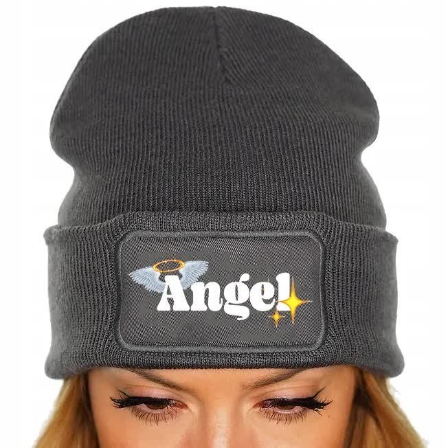 CZAPKA Jesienna BAWEŁNIANA ZIMOWA Ciepła Szara BEANIE ANGEL Aniołki Wzory