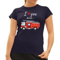 Koszulki i topy damskie - I love you and wóz strażacki - damska koszulka na prezent Granatowa - miniaturka - grafika 1