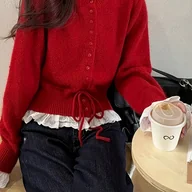 Swetry damskie - TEMU Modny damski krótki kardigan z koronkowymi naszywkami, czerwony sweter, wiązany w pasie i luźny krój. - miniaturka - grafika 1