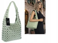 Torebki damskie - Torebka damska modna pojemna torba na Ramię worek z nitami HJ1357 zielona - miniaturka - grafika 1