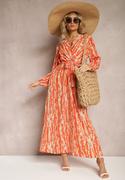 Sukienki - Pomarańczowa Długa Kopertowa Sukienka z Abstrakcyjnym Motywem i Paskiem w Talii Delphinna - miniaturka - grafika 1