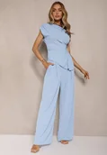 Komplety damskie - Niebieski Komplet Spodnie o Szerokim Kroju i Asymetryczna Bluzka z Marszczeniem Nitara - miniaturka - grafika 1