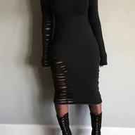 Sukienki - TEMU Wiosenno-Jesienna Sukienka Bodycon z Wycięciami, Casual Okrągły Dekolt Długi Rękaw, Odzież Damska - miniaturka - grafika 1