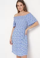 Sukienki - Niebieska Wiskozowa Sukienka Mini z Hiszpańskim Dekoltem w Kwiatowy Print Ijorilda - miniaturka - grafika 1