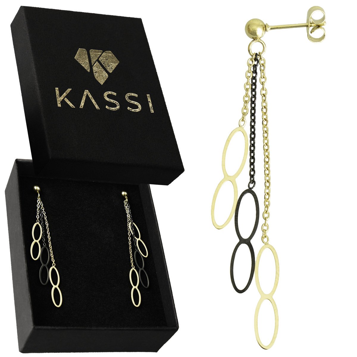 Złote kolczyki damskie wiszące Nieskończoność stal chirurgiczna pozłacane