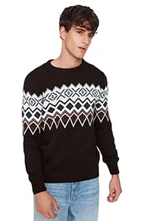 Swetry męskie - Trendyol Męska bluza z okrągłym dekoltem w etniczny wzór slim sweter, Brązowy, XL - grafika 1
