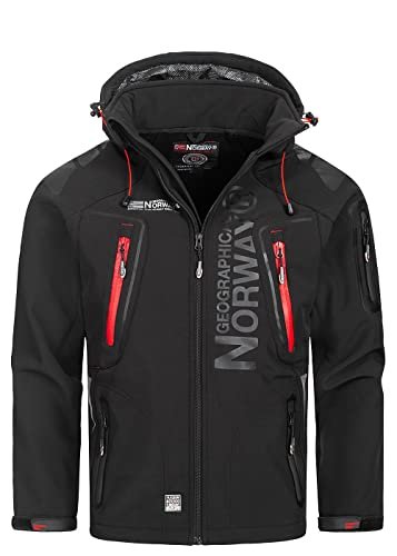 Geographical Norway Męska kurtka softshellowa - model: Techno - Kurtka przejściowa z kapturem, wodoodporna, funkcyjna, czarny, M