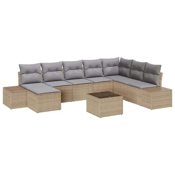 Zestaw Sof Narożnych Ogrodowych Modułowych, Beżowy, 9 Elementów, Rattan