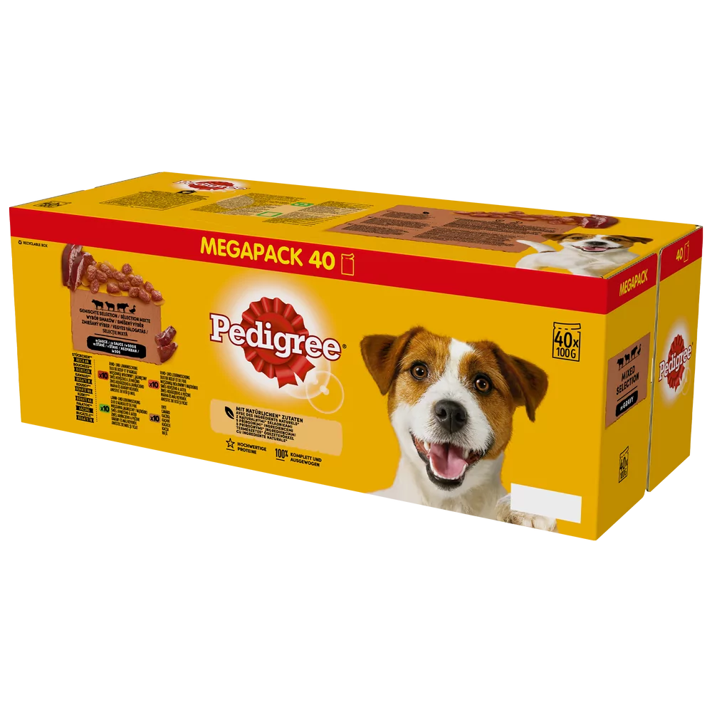 Pedigree Adult saszetka 40x100 g Mix Smaków w Sosie mokra karma pełnoporcjowa dla dorosłych psów kawałki bogate w wołowinę i jagnięcinę bogate w jagnięcinę i wątróbkę bogate w wołowinę i wątróbk 52430-uniw