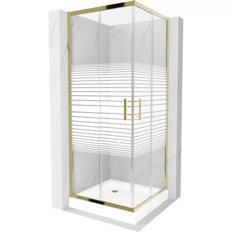 Mexen Rio kabina prysznicowa kwadratowa 80x80 cm, pasy, złota + brodzik Rio, biały
