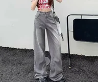 Spodnie damskie - Szare spodnie jeansowe z szeroką nogawką - Szary - miniaturka - grafika 1