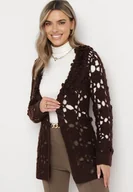 Swetry damskie - Ciemnobrązowy Kardigan z Ażurowym Zdobieniem i Wiązanym Paskiem Sabelia - miniaturka - grafika 1