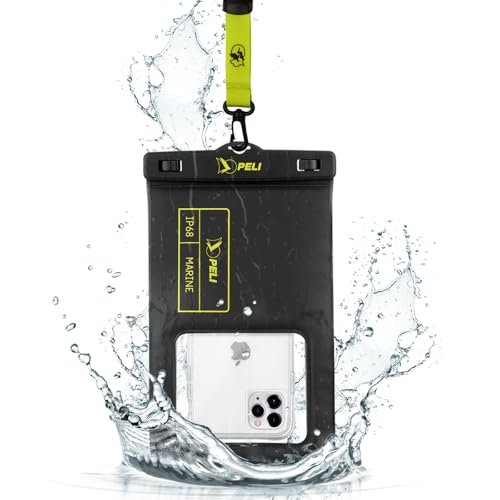 Peli Marine - Wodoodporne etui na telefon IP68 (rozmiar XL) pływające wodoodporne etui na telefon iPhone 16 Pro Max/iPhone 15 Pro/14 Pro/13/12/S24 - odpinana smycz - czarny/żółty Hi-Vis