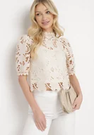 Bluzki damskie - Beżowa Ażurowa Bluzka ze Stójką w Stylu Retro Laquies - miniaturka - grafika 1