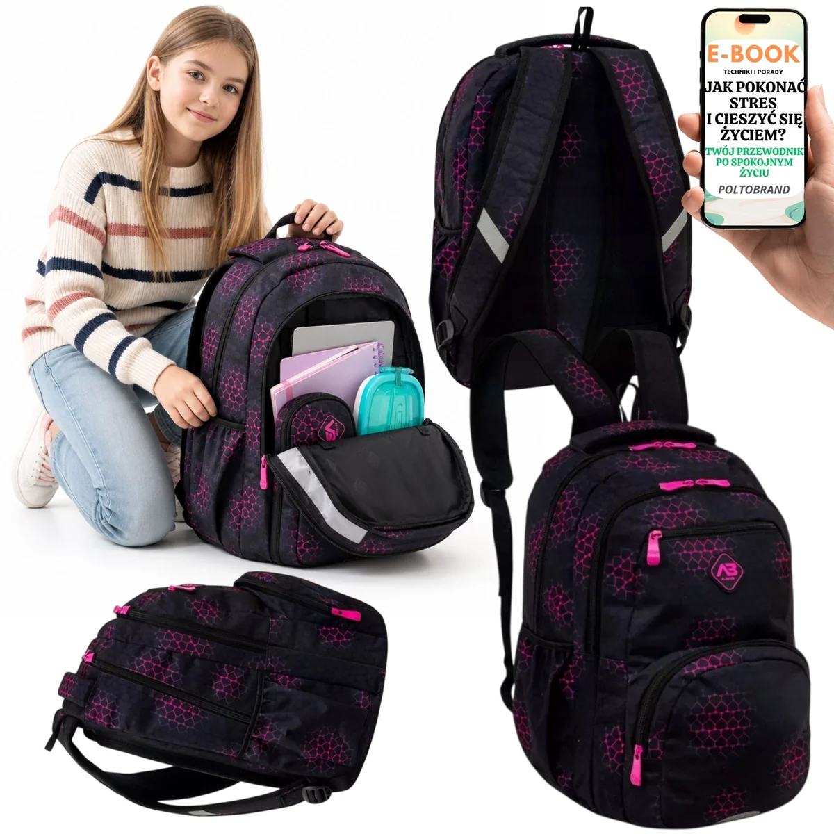 Plecak ASTRABAG PINK HEARTS Szkolny Młodzieżowy A4 na Laptop + E-BOOK-1