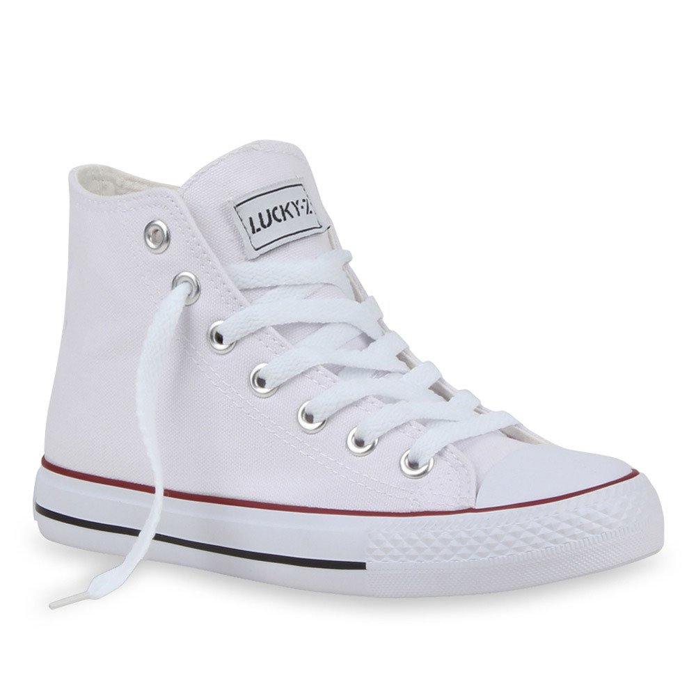 Mytrendshoe Damskie High Top Sneaker Buty Sportowe Kultowe Sznurowane Trenerki 94589, Kolor: Biały Czerwony Pasek Lucky, Rozmiar: 42