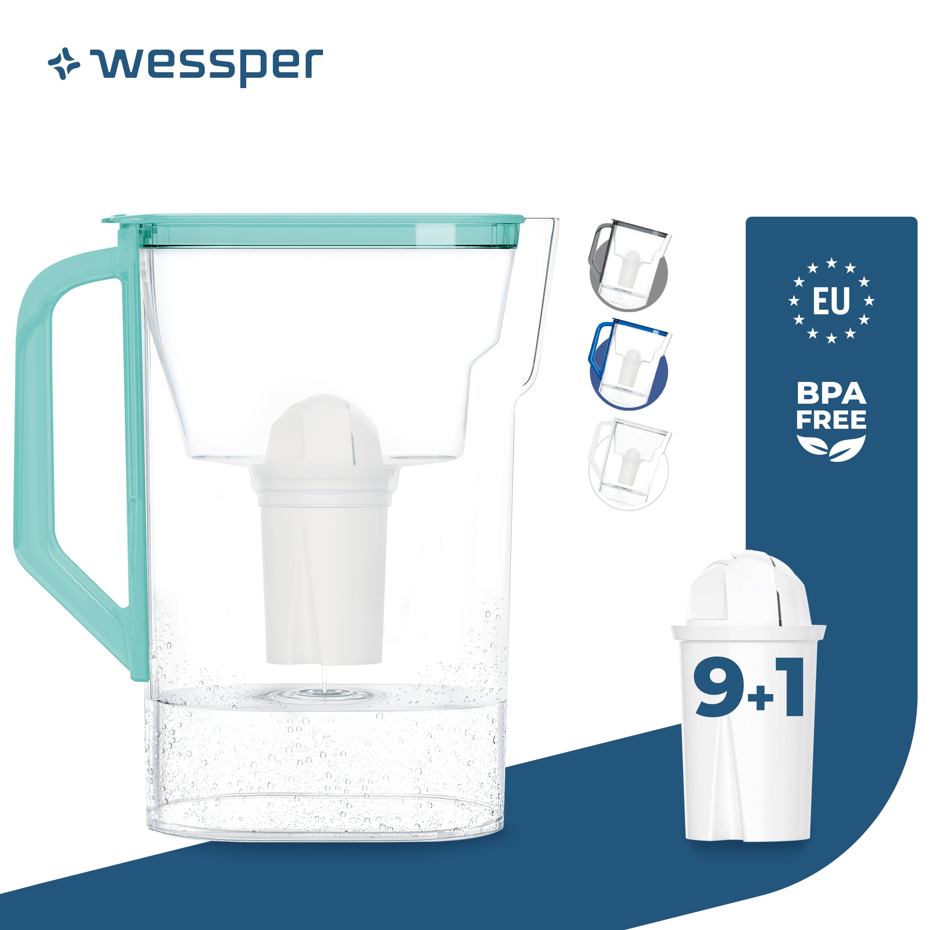 Dzbanek filtrujący do lodówki Wessper D3 Slim Aquaclassic 2,7 l miętowy Kompatybilny z filtrami Brita i Aquaphor + 10 wkładów filtrujących Aquaclassic