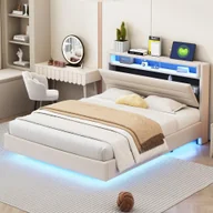 Łóżka - Łóżko tapicerowane Flieks 140x200cm z USB, łóżko młodzieżowe podwójne z LED, łóżko do przechowywania łóżko drewniane funkcjonalne łóżko z zagłówkiem do przechowywania, pościel, beżowe - miniaturka - grafika 1
