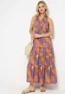 Sukienki - Pomarańczowa Taliowana Sukienka w Kwiaty z Gumką w Pasie i Wiązaniem przy Szyi Lusaria - miniaturka - grafika 1