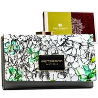 Portfele - Średniej wielkości portmonetka damska na zatrzask i bigiel szary portfel z zielonym motywem kwiatowym rozbudowany na karty lakierowana skóra natural.. - miniaturka - grafika 1