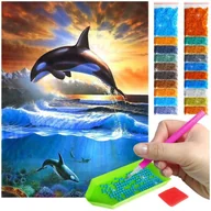 Malowanie po numerach - Haft Diamentowy ARTULIO, Obraz DIY 5D, Diamond Painting, Mozaika diamentowa 30x40cm (Orki/delfiny na tle zachodu słońca) + zestaw akcesoriów - miniaturka - grafika 1