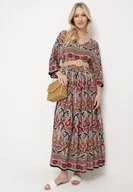 Sukienki - Czarno-Bordowa Długa Sukienka Rozkloszowana z Rękawami 3/4 we Wzór Paisley Amarethia - miniaturka - grafika 1