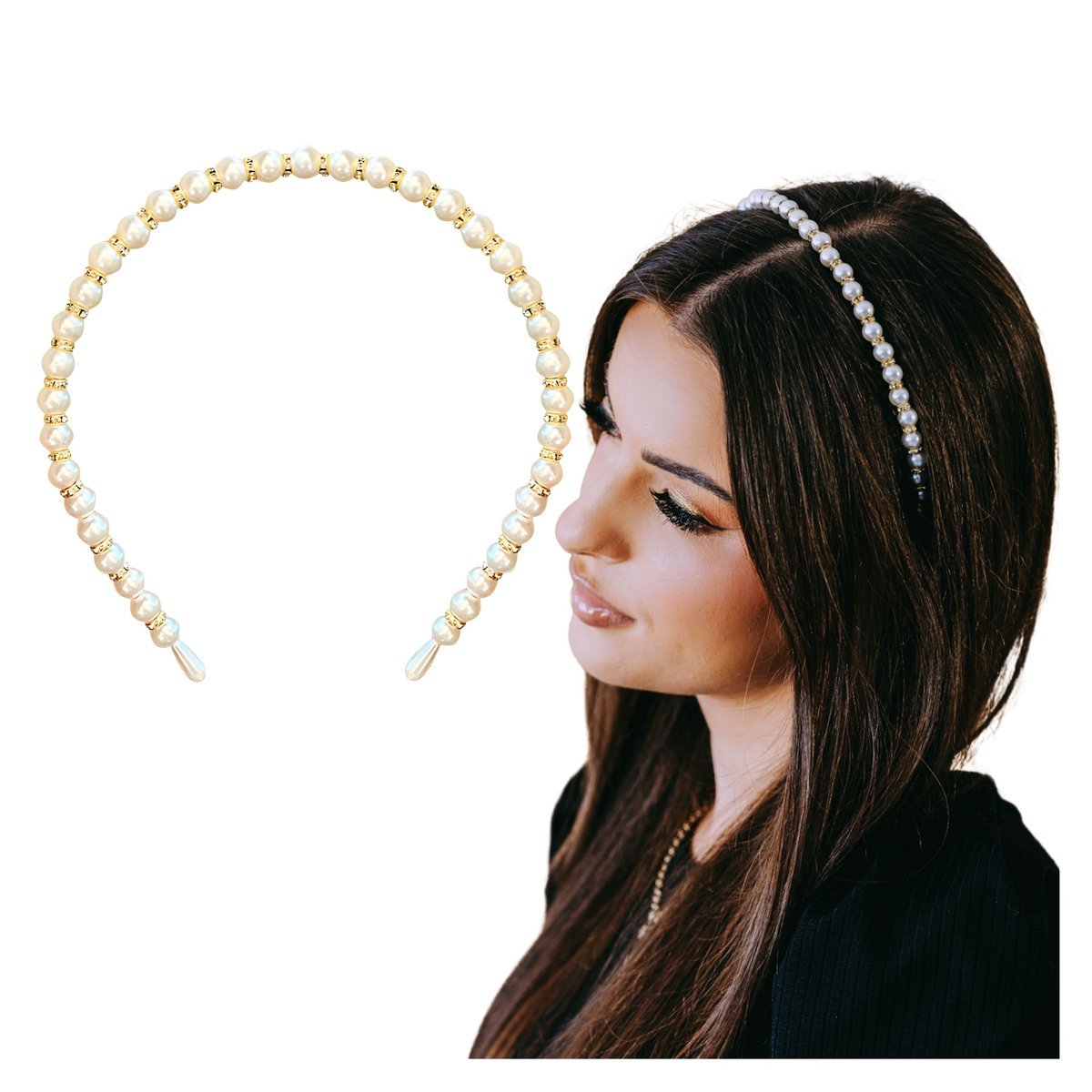 Opaska do Włosów Złota z Białymi Perłami Wąska Elegancka Lekka i Wygodna