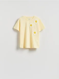 Reserved - T-shirt z szydełkowaną aplikacją - jasnożółty - Koszulki i topy damskie - miniaturka - grafika 1