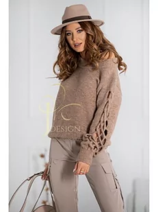 SWETER MARITA AŻUROWY RĘKAW LUŻNY KRÓJ POLSKI PRODUCENT J&K PREMIUM - KAMEL CIEMNY BEŻ - ETNEE - Swetry damskie - miniaturka - grafika 1
