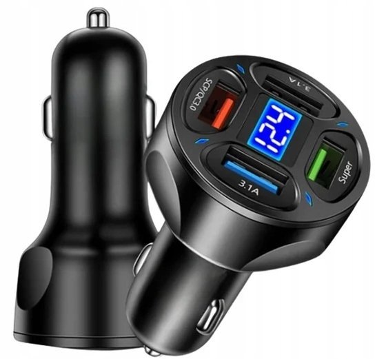 Ładowarka Samochodowa 4x USB 66W Wyświetlacz LED Szybkie QC