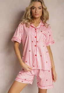 Piżamy damskie - Różowo-Biały Komplet Piżamowy Koszula na Guziki i Szorty o Luźnym Fasonie w Kratę Anseli - grafika 1