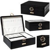 Pudełka i szkatułki - Szkatułka na biżuterię kuferek ze skóry ekologicznej czarna elegancka na kluczyk pierścionki zegarek kolczyki bransoletki PETERSON - miniaturka - grafika 1