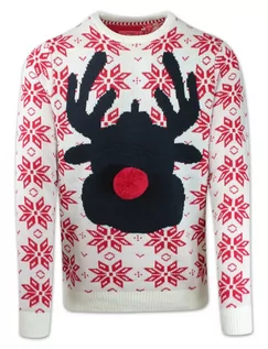 Swetry męskie - Sweter Świąteczny, Biało-Czerwony z Reniferem, Nos z Pompona, Śmieszny na Prezent, Męski -Brave Soul - grafika 1