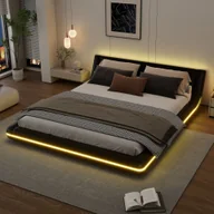 Łóżka - Łóżko tapicerowane Flieks 160x200cm z LED, podwójne łóżko młodzieżowe ze stelażem listwowym, klasyczne łóżko drewniane łóżko pływające łóżko podłogowe, PU, czarne - miniaturka - grafika 1