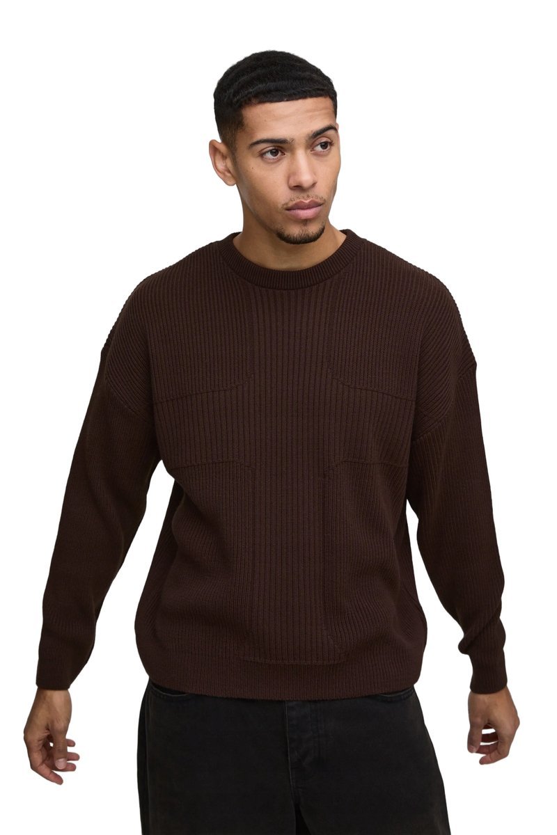 BOOHOOMAN MĘSKI BRĄZOWY SWETER W PRĄŻKI BEZ KAPTURA OKRĄGŁY DEKOLT L Z3A*
