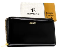 Portfele - Portfel damski na karty skórzany ROVICKY rfid stop duży na suwak lakierowany rozbudowany czarny - miniaturka - grafika 1