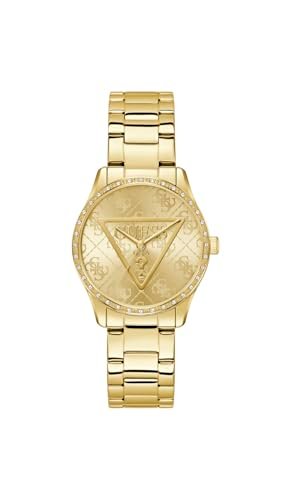 Guess Damski zegarek na rękę Roxy z cyrkonią, złoty pasek ze stali nierdzewnej, szkło mineralne, złoty cyferblat, 3 bar, średnica koperty: 36 mm, GW0987L2
