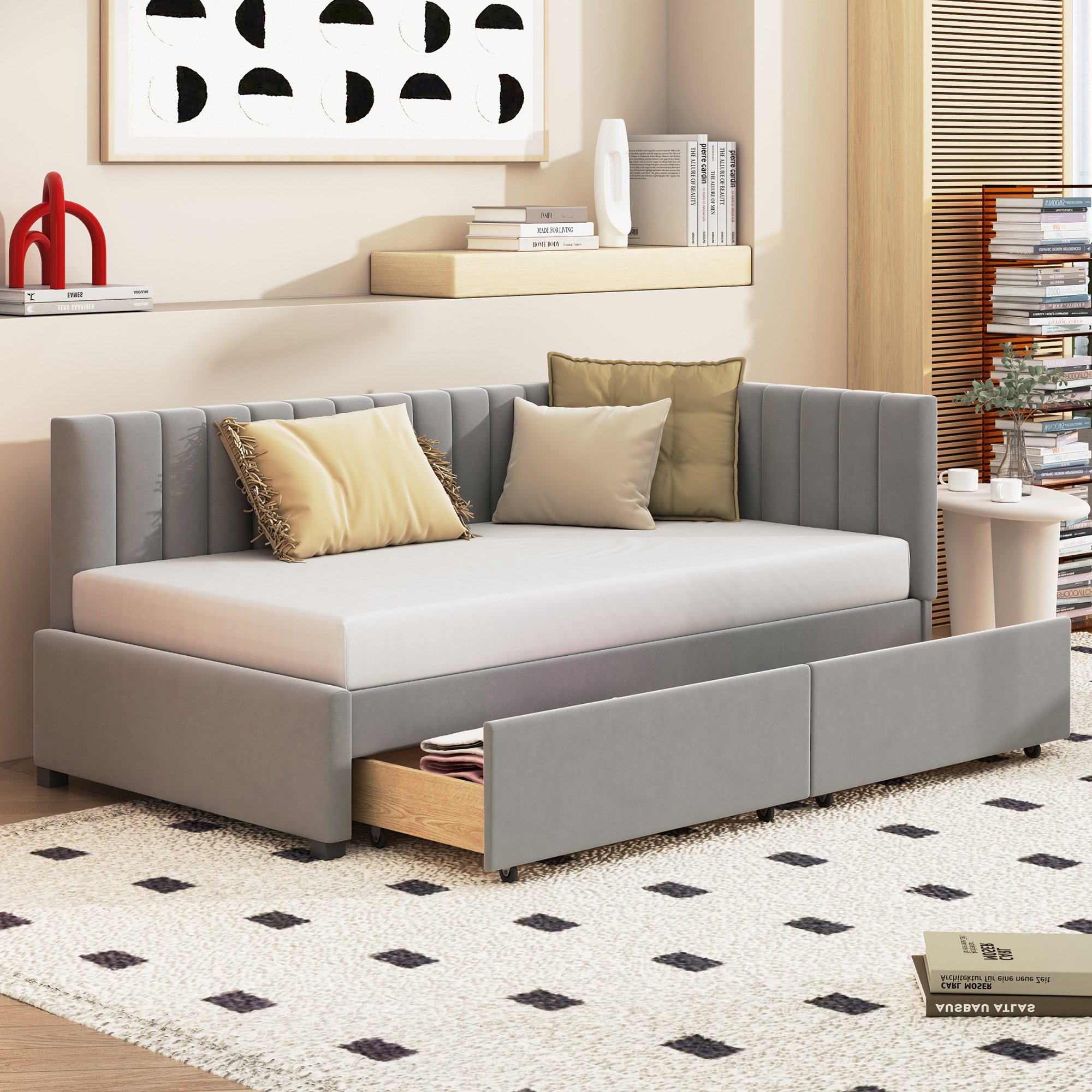 艁贸偶ko dzienne Merax 90x200cm rozk艂adane z 2 szufladami i stela偶em z listew, tapicerowane aksamitem 艂贸偶ko dzieci臋ce 艂贸偶ko dzienne rozk艂adane z pod艂okietnikami, szare