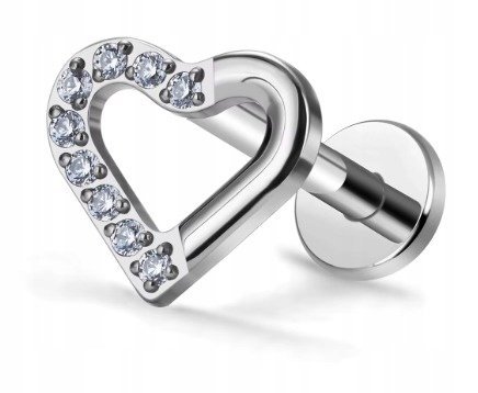 Tytanowy Kolczyk Labret PIERCING Cyrkonie Serce Serduszko HELIX Lobe 1,2/8