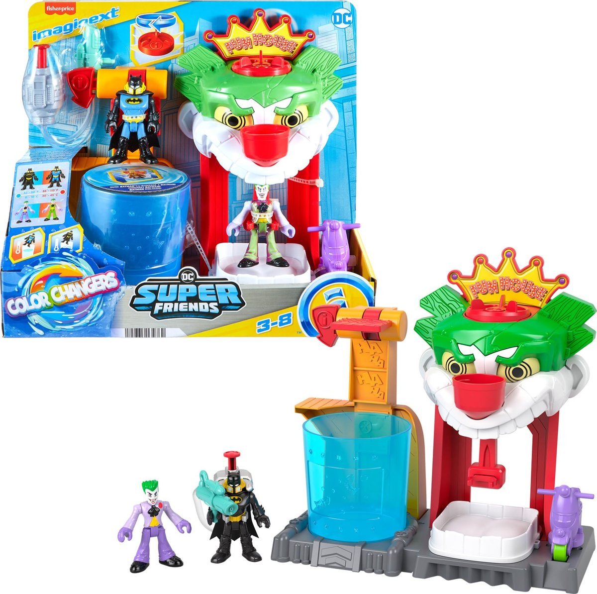 Imaginext DC Super Friends Color Changers Dom Śmiechu Jokera Zestaw z 2 figurkami, akcesoriami i zmianą koloru dla dzieci od 3 roku życia, HMX55