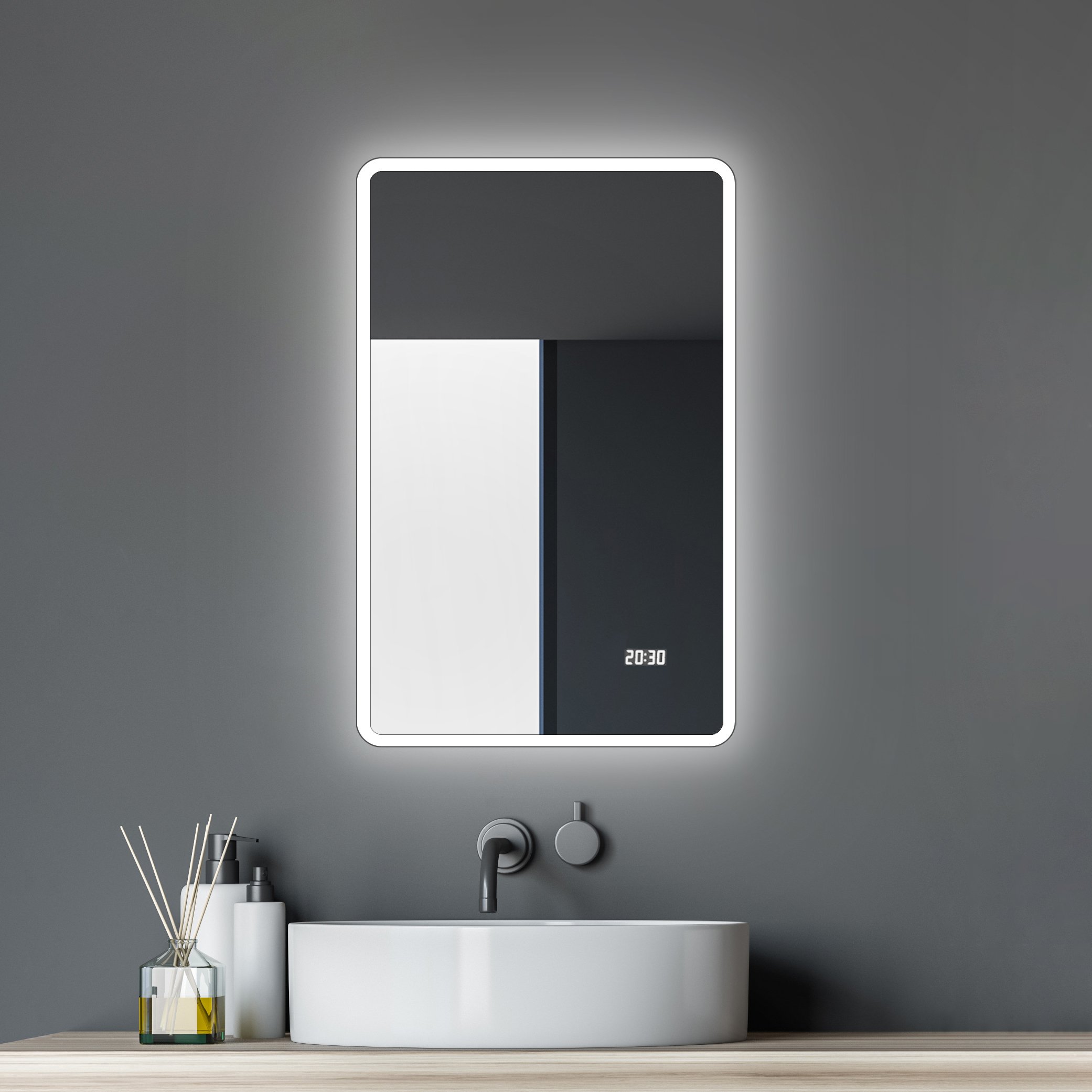 Lustro łazienkowe z oświetleniem i zegarem cyfrowym Talos Sun 45 x 70 cm - wysokiej jakości aluminiowa rama z przełącznikiem - podświetlane lustro z neutralnym białym światłem - lustro łazienkowe