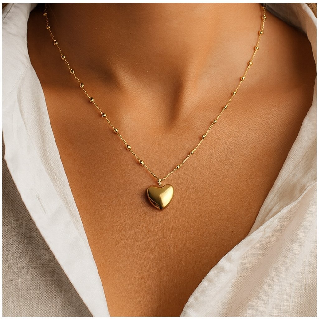 ZŁOTY NASZYJNIK Z KULECZKAMI+SERDUSZKO CELEBRYTKA STAL CHIRURGICZNA 44+5 cm