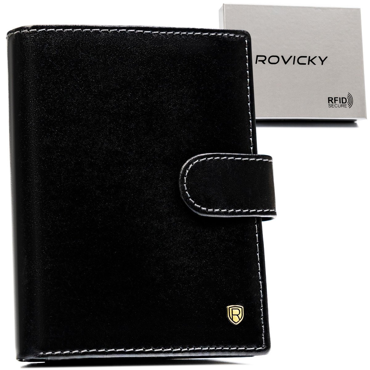 Rozbudowany duży pionowy portfel męski ROVICKY skórzany czarny na zatrzask karty gotówka dokumenty na prezent antykradzieżowy ochrona RFID
