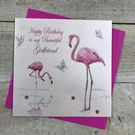 Kartki okolicznościowe i zaproszenia - WHITE COTTON CARDS Białe bawełniane kartki Flamingi Happy Beautiful Girlfriend Ręcznie robiona kartka urodzinowa, BD88 BD88 - miniaturka - grafika 1