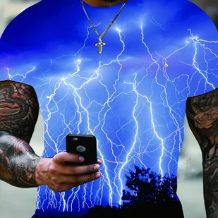 TEMU Męska Letnia Koszulka z Nadrukiem Błyskawicy 3D - Oversized, Casual & Cool, Krótki Rękaw, Okrągły Dekolt, Możliwość Prania w Pralce, 2022, Druk - Inne - miniaturka - grafika 1