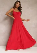 Sukienki - Czerwona Długa Sukienka z Marszczonym Dekoltem i Wiązanymi Ramiączkami Rozvita - miniaturka - grafika 1