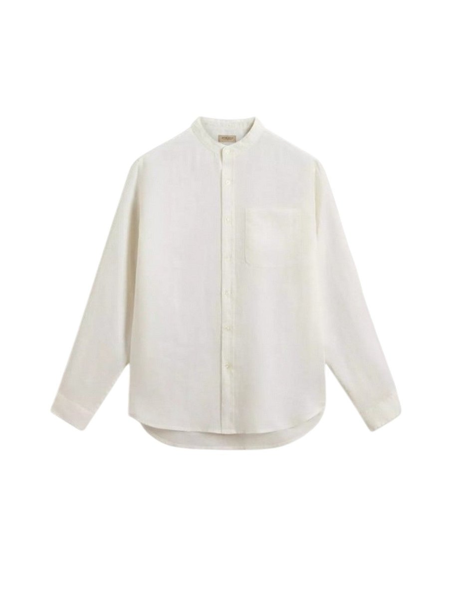 altro (camicie) męskie woolrich - band collar len shirt arctic biały - biały