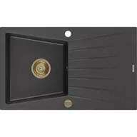 Zlewozmywaki - Mexen Cesar zlewozmywak granitowy 1-komorowy z ociekaczem 775 x 470 mm, czarny nakrapiany, syfon złoty - miniaturka - grafika 1