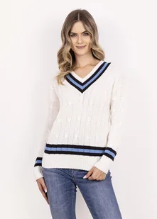 Sweter z ozdobnym dekoltem w serek - SWE304 ecru/granat/niebieski MKM - Swetry damskie - miniaturka - grafika 1