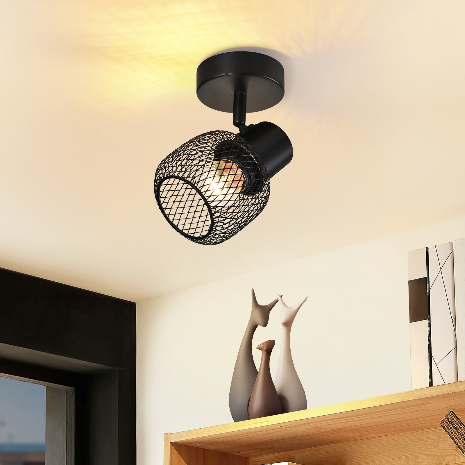 ZMH Lampa Sufitowa Reflektor Sufitowy Czarny Metal 1 Płomień Vintage E27 Lampa Sufitowa Obrotowa 330° Wewnętrzny reflektor do przedpokoju Salon Sypialnia Kuchnia